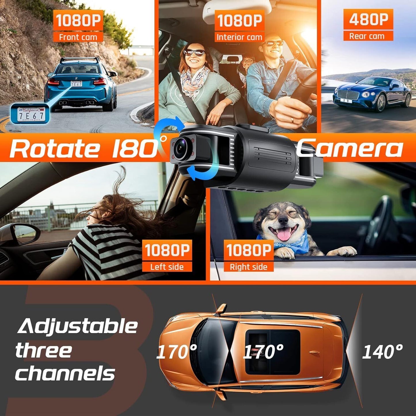 Pro Dash Cam Delantero Trasero 3 Canales Camara Coche Protege Robo Accidente