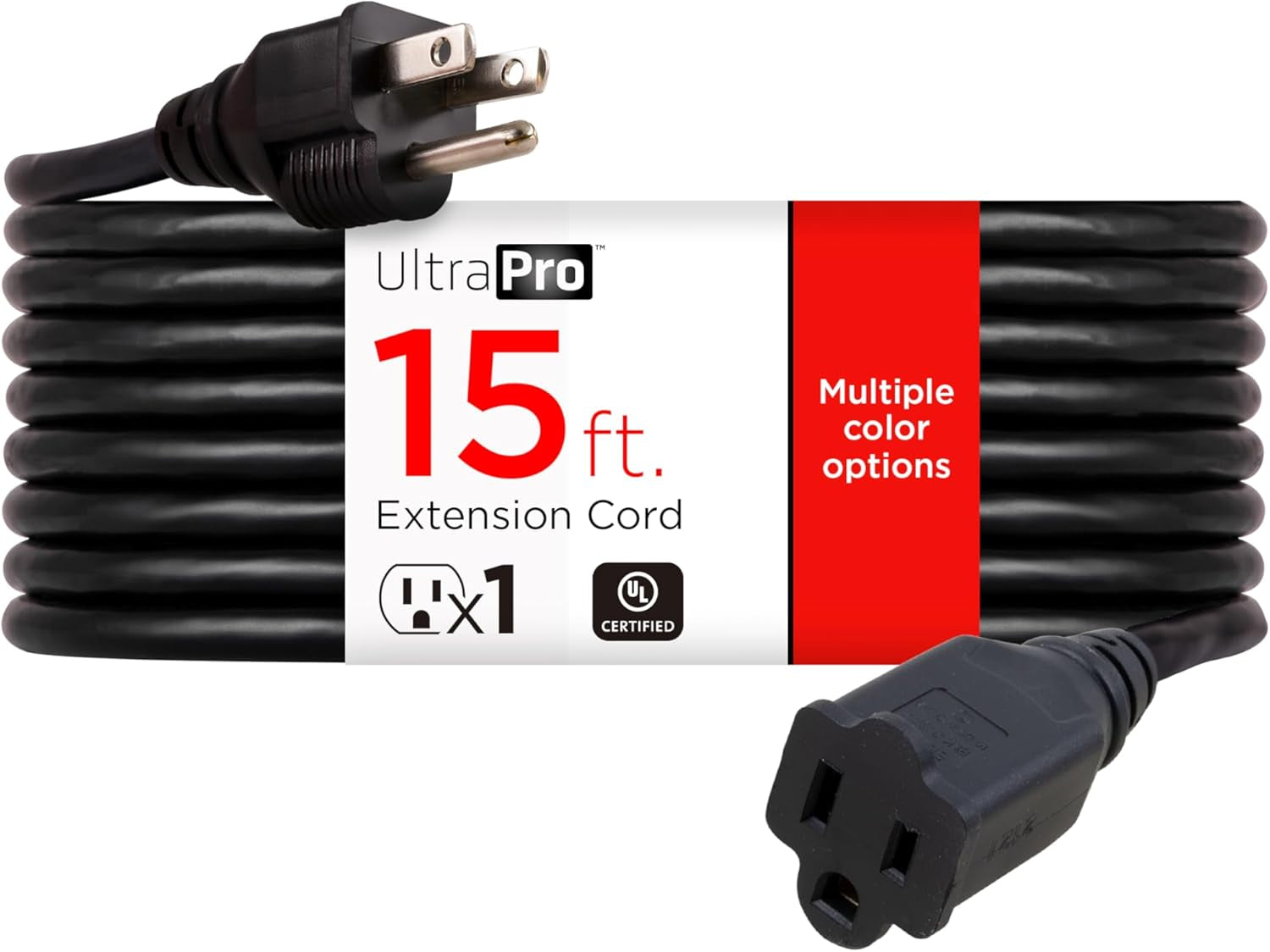 Outdoor Extension Cord, 15 Ft, Heavy Duty, ETL Certified 3 Prong,16 AWG 125 VAC Outdoor, Multipurpose Long Extension Cord, 1 Pack, Black, 36824