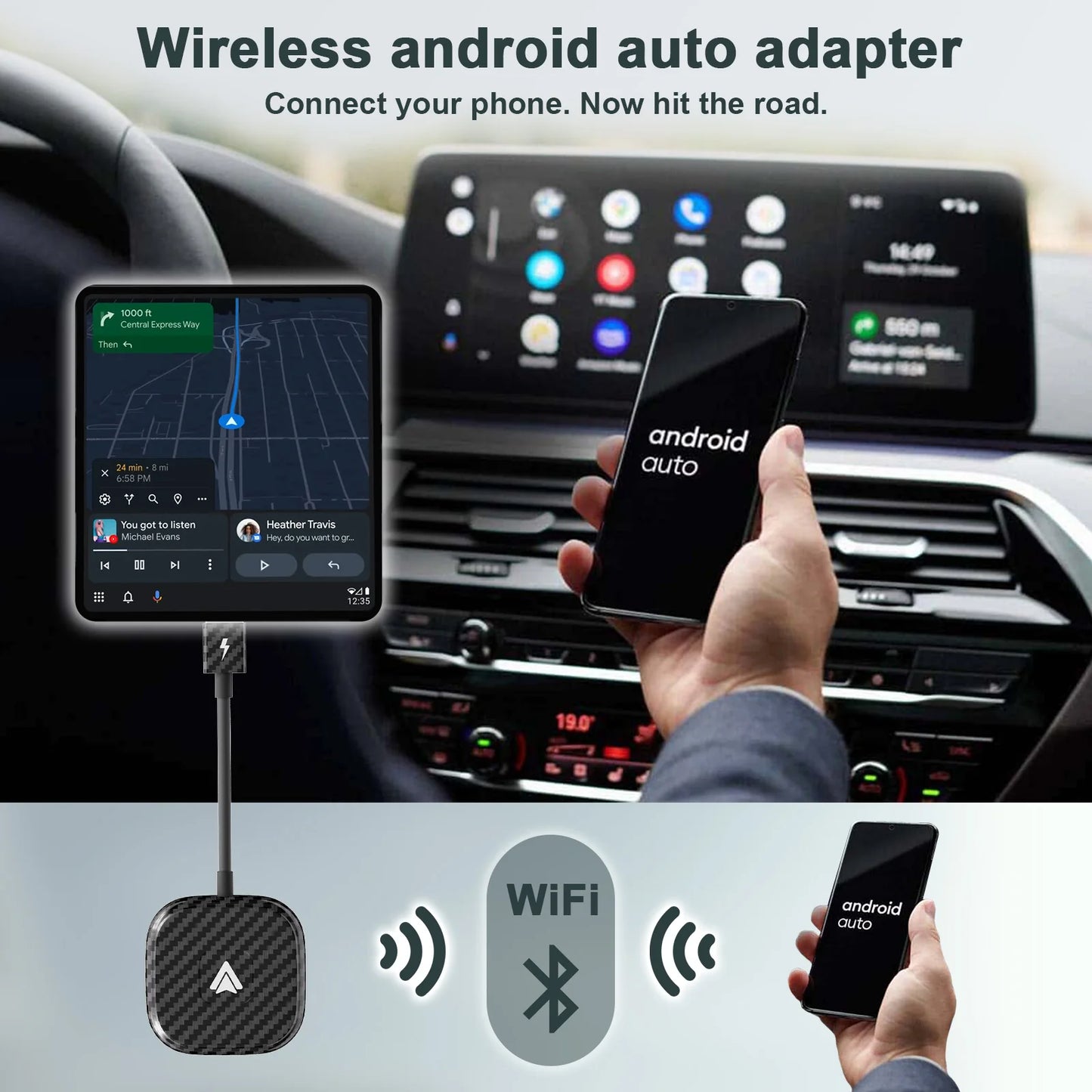 Wireless Android Auto Car Adapter, Wireless Carplay Dongle Convert Wired to Wireless for Android/Iphone Plug and Play