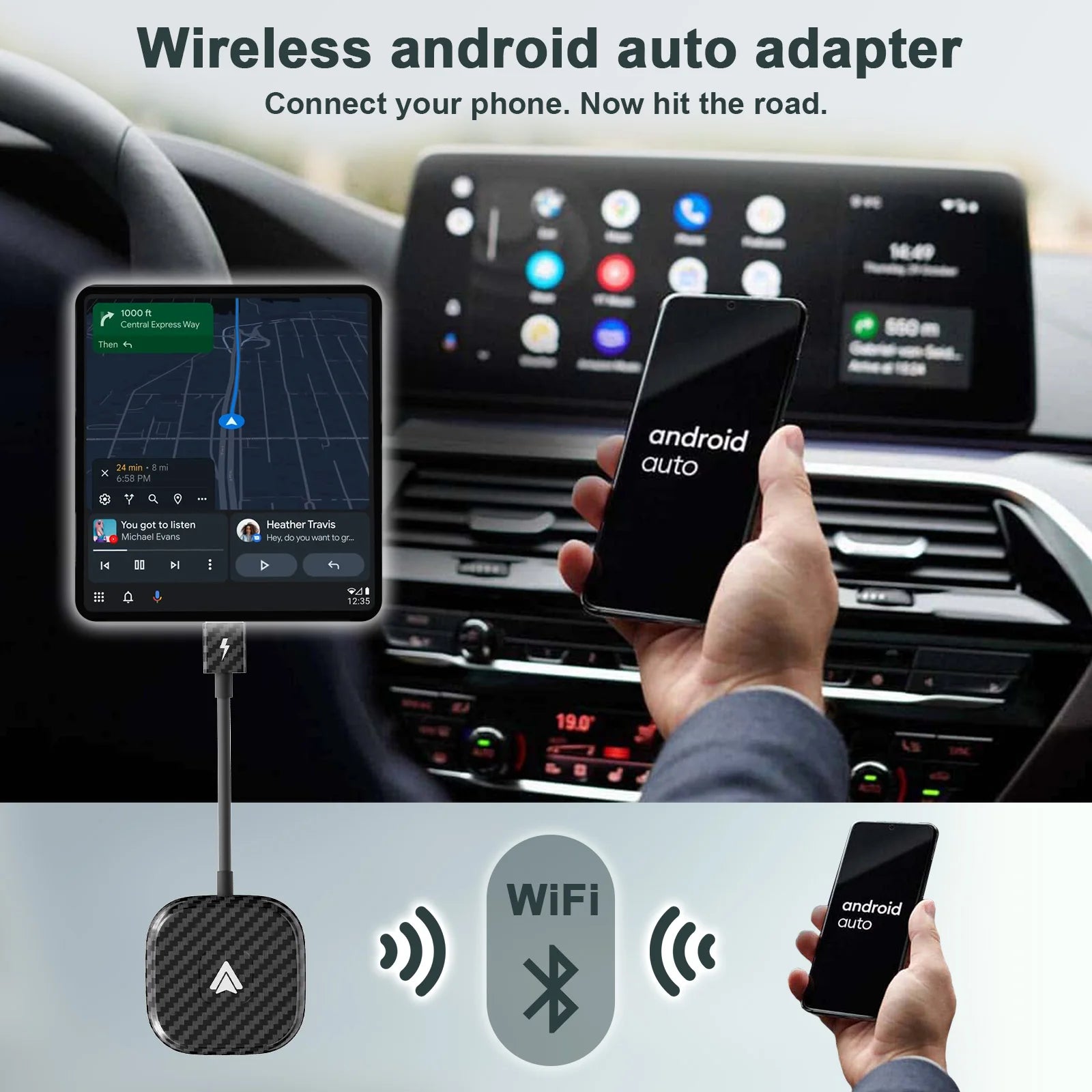 Wireless Android Auto Car Adapter, Wireless Carplay Dongle Convert Wired to Wireless for Android/Iphone Plug and Play