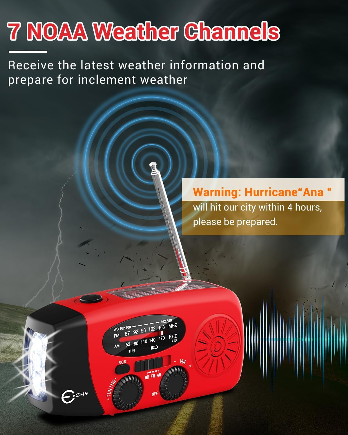 Emergency Hand Crank Radio 7400Mwh with 3 LED Flashlight, AM/FM/NOAA Portable Weather Radio with Built-In 2000Mah Battery, Solar Powered Radio for Indoor Outdoor Survival Camping, SOS Alarm