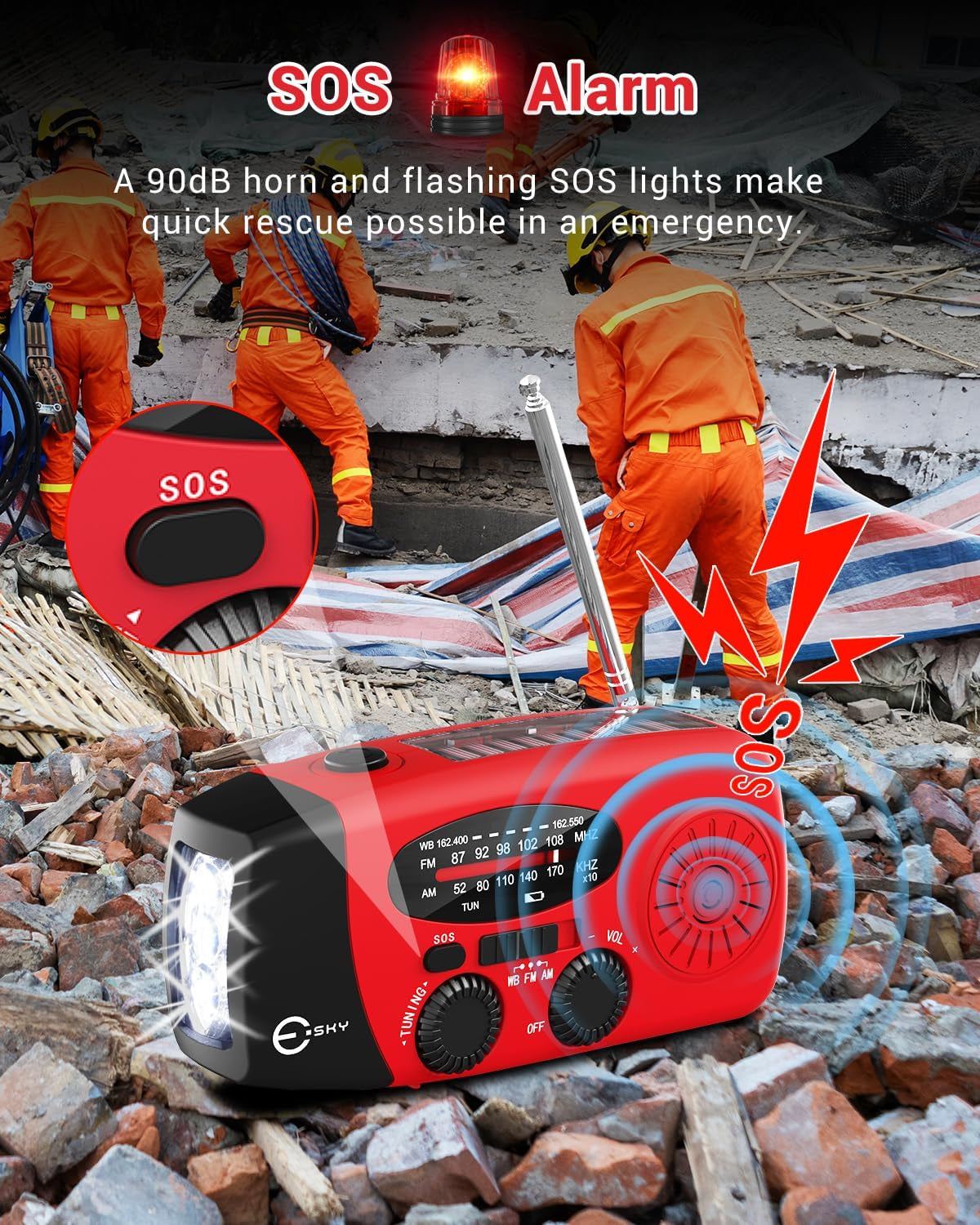 Emergency Hand Crank Radio 7400Mwh with 3 LED Flashlight, AM/FM/NOAA Portable Weather Radio with Built-In 2000Mah Battery, Solar Powered Radio for Indoor Outdoor Survival Camping, SOS Alarm