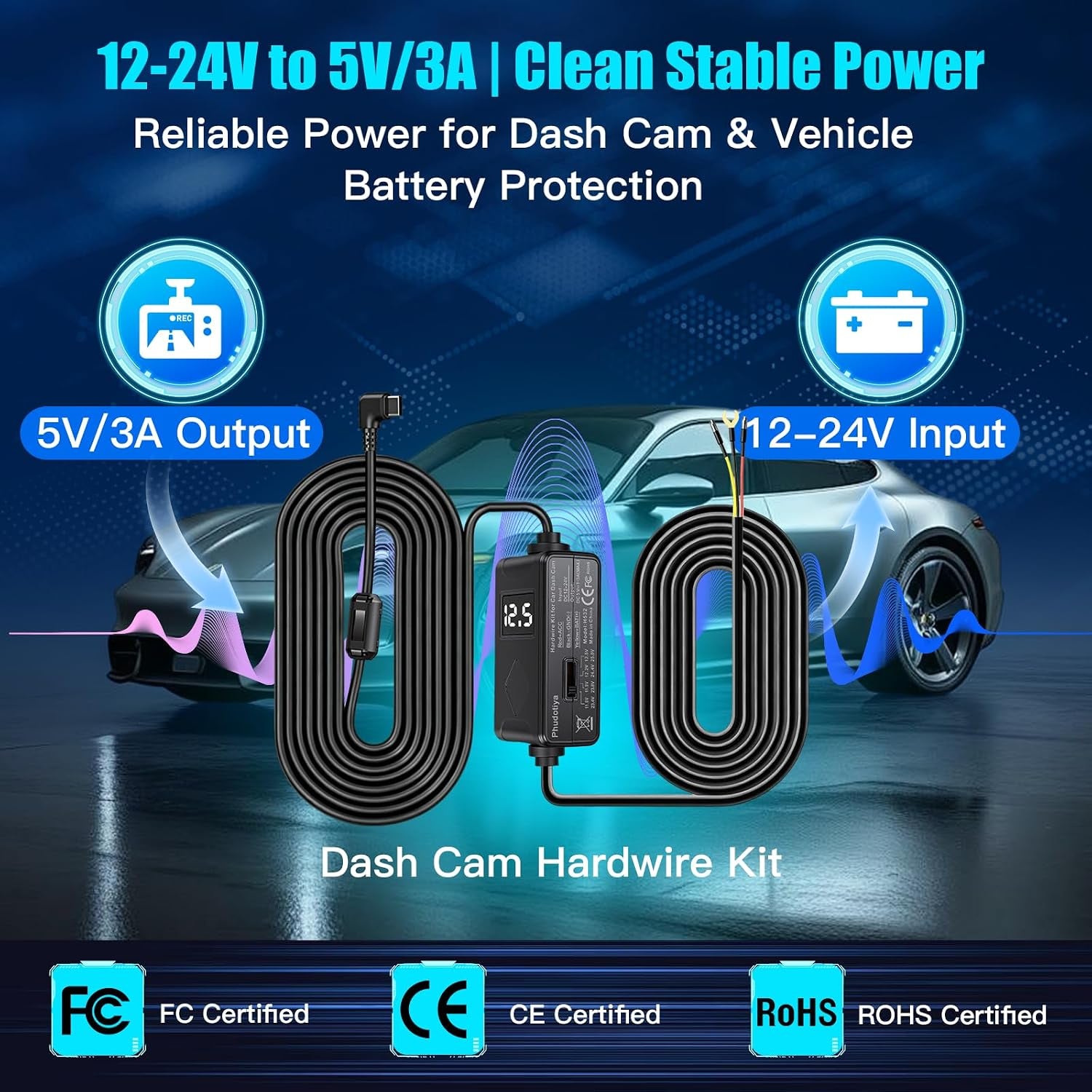 USB-C Dash Cam Hardwire Kit with Acc Detection, LED Display, 4-Level Adjustable Low Volt Protection(11.6V/23.4V Auto-Cutoff), 12V-24V to 5V/3A Adapter, 3-Lead Cable for Recorder 24/7 Parking Mode