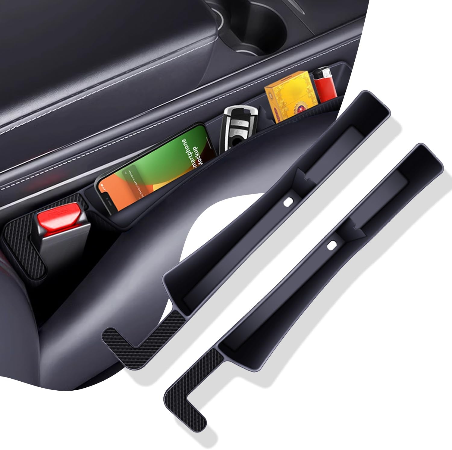 2PCS Car Seat Gap Filler Organizer,Multifunctional Car Gap Fillers with USB and Phone Holder, Universal Car Seat Storage Organizer between Seats for Phone, Keys, Eyeglasses(Black)