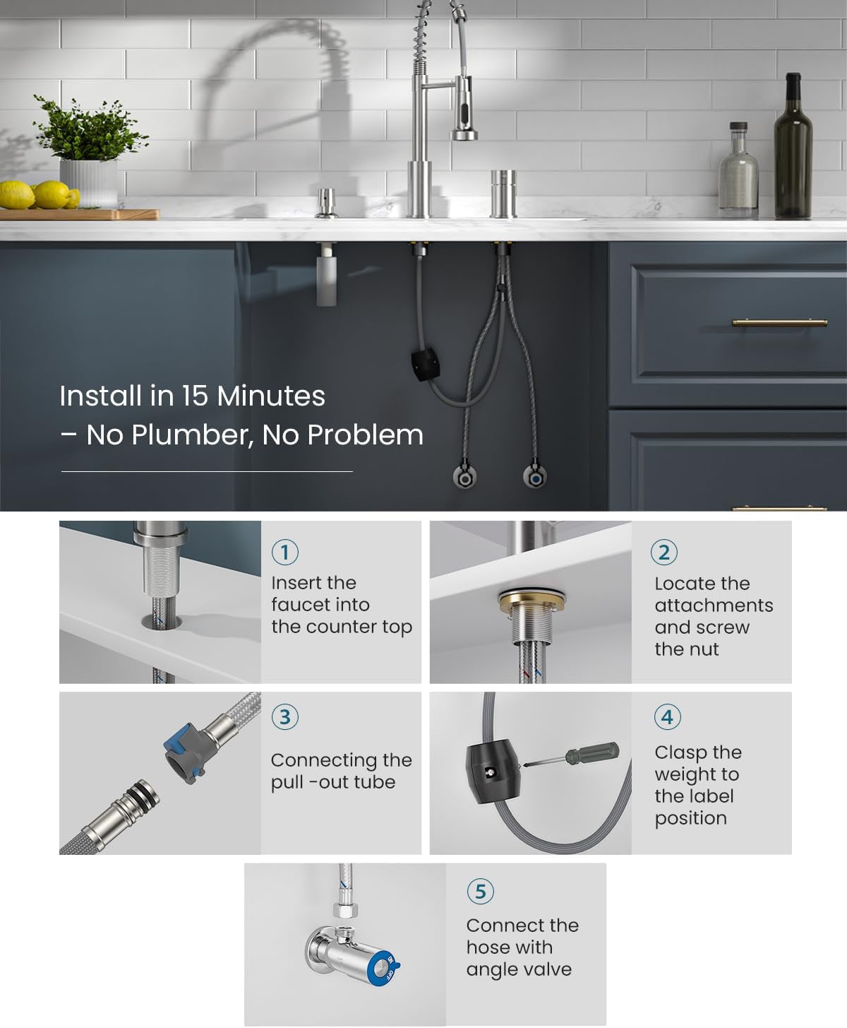 3 Hole Kitchen Faucet with Soap Dispenser, 3 Piece Kitchen Sink Faucets with Pull down Sprayer, Stainless Steel Faucet with Sprayer, Separate Handle, Brushed Nickel