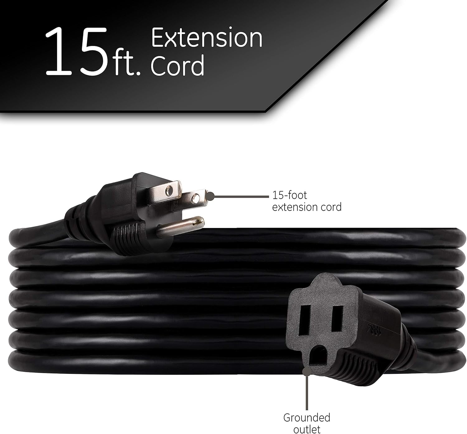 Outdoor Extension Cord, 15 Ft, Heavy Duty, ETL Certified 3 Prong,16 AWG 125 VAC Outdoor, Multipurpose Long Extension Cord, 1 Pack, Black, 36824
