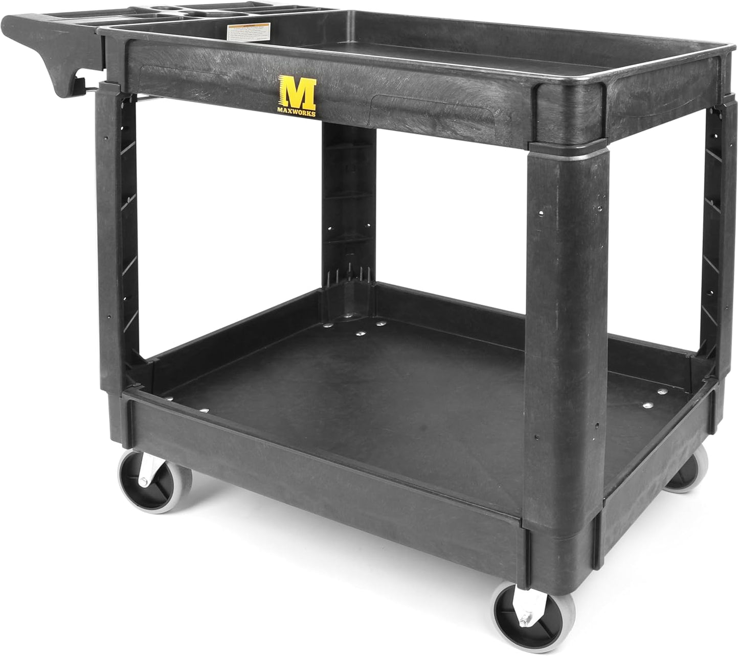 Heavy Duty 2‑Shelf Service Cart 500 Lb Capacity Polypropylene Utility Cart with 5" Non‑Marring Casters Deep Trays and Built‑In Tool Storage for Garage Warehouse Workshop (80855)
