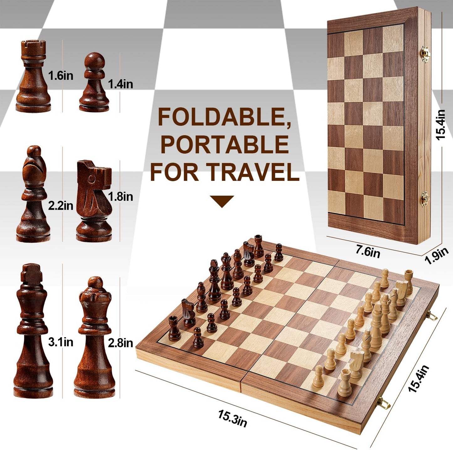 Magnetic Chess Set for Adults & Kids, 15" Wooden Folding Chess Boards, Handcrafted Portable Travel Chess Game with Pieces Storage Slots, 2 Extra Queens