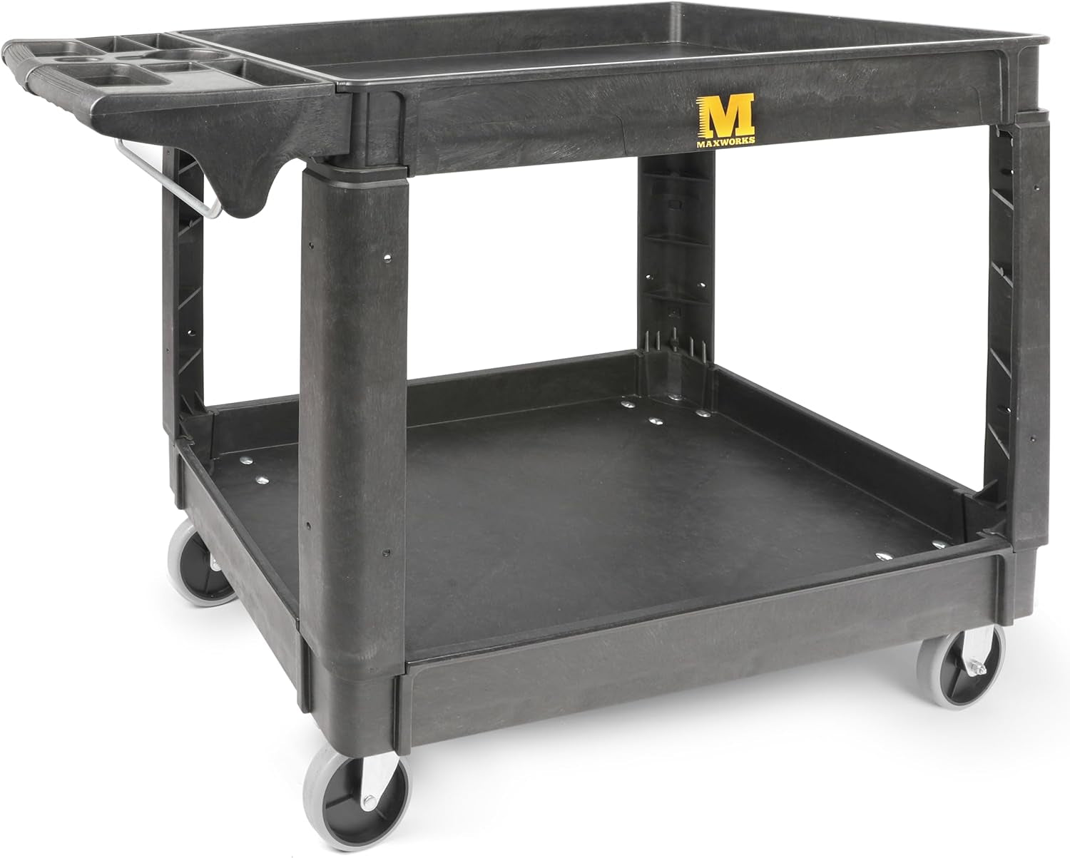 Heavy Duty 2‑Shelf Service Cart 500 Lb Capacity Polypropylene Utility Cart with 5" Non‑Marring Casters Deep Trays and Built‑In Tool Storage for Garage Warehouse Workshop (80855)