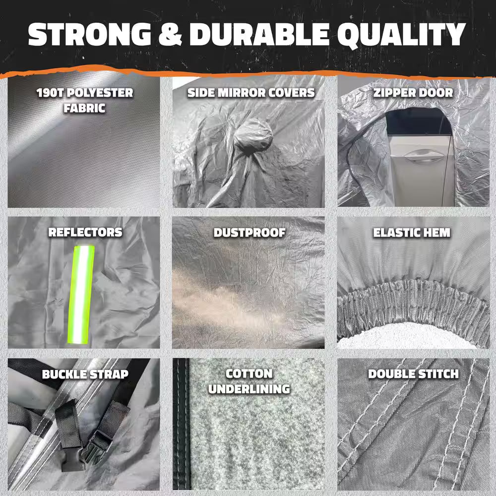 190 In. X 75 In. X 60 In. Water Resistant Car Cover with Zipper Opening - 190T Silver Polyester-Medium Sedan