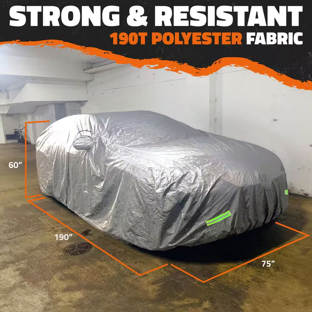190 In. X 75 In. X 60 In. Water Resistant Car Cover with Zipper Opening - 190T Silver Polyester-Medium Sedan