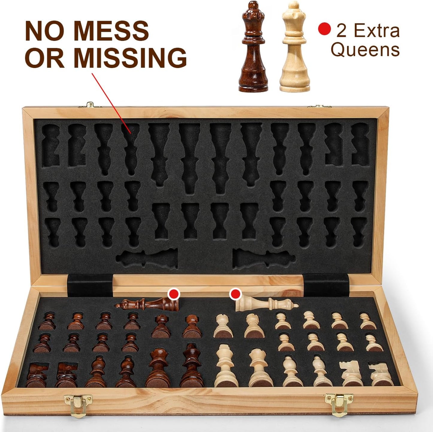 Magnetic Chess Set for Adults & Kids, 15" Wooden Folding Chess Boards, Handcrafted Portable Travel Chess Game with Pieces Storage Slots, 2 Extra Queens