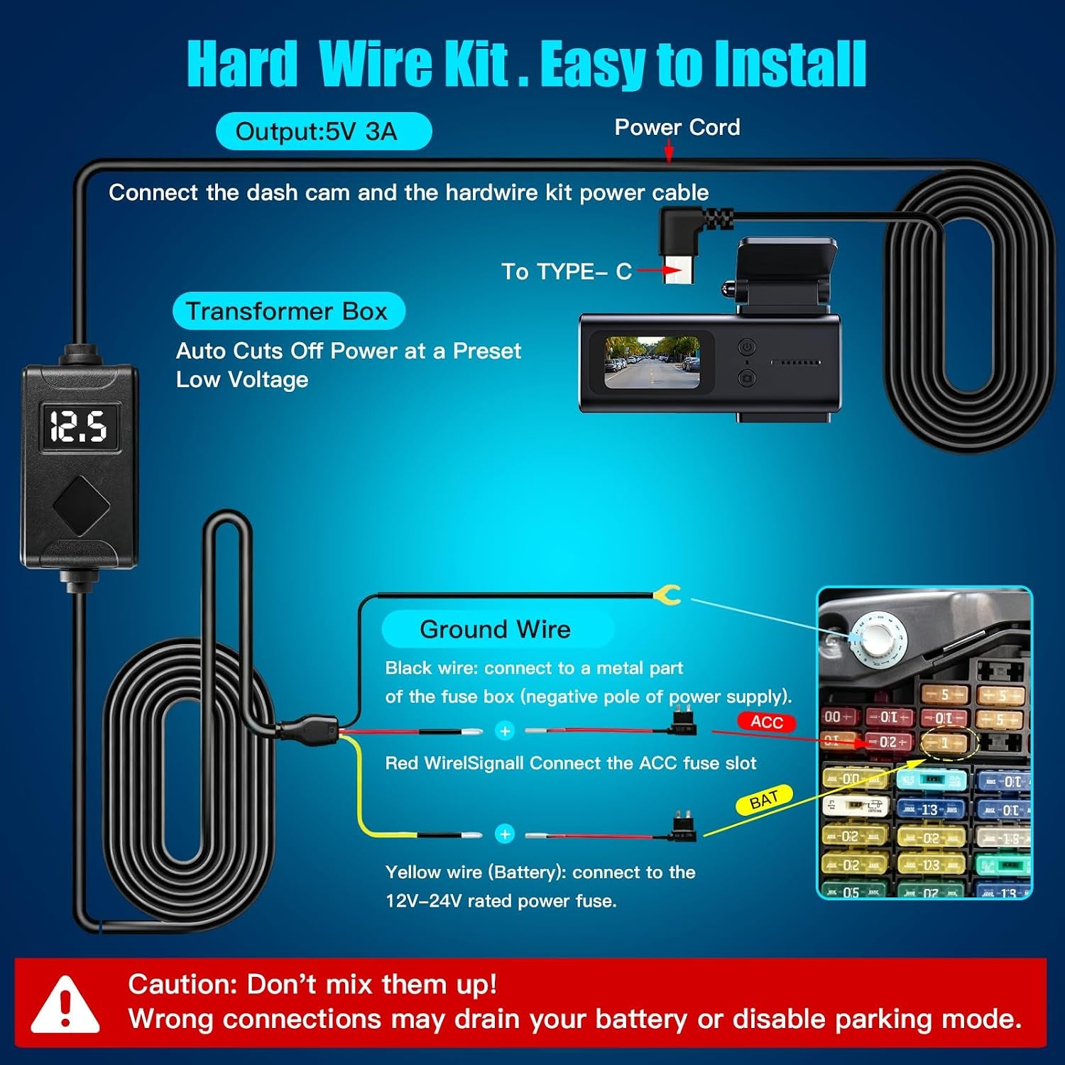 USB-C Dash Cam Hardwire Kit with Acc Detection, LED Display, 4-Level Adjustable Low Volt Protection(11.6V/23.4V Auto-Cutoff), 12V-24V to 5V/3A Adapter, 3-Lead Cable for Recorder 24/7 Parking Mode