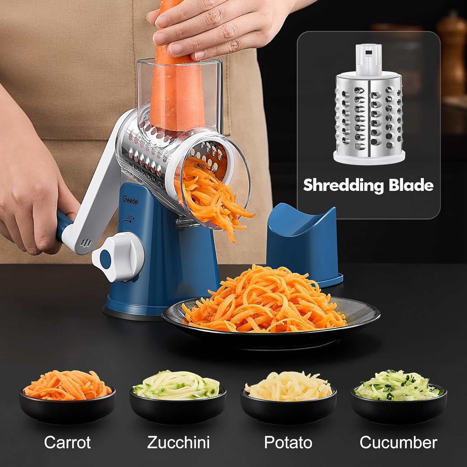 Rotary Cheese Grater Hand Crank, Cheese Shredder Vegetable Slicer | 3 Blades, 430 Stainless Steel, 12X Fast Cutting, Strong Suction Base, No BPA, Dishwasher Safe, for Cheese, Veggie, Nut