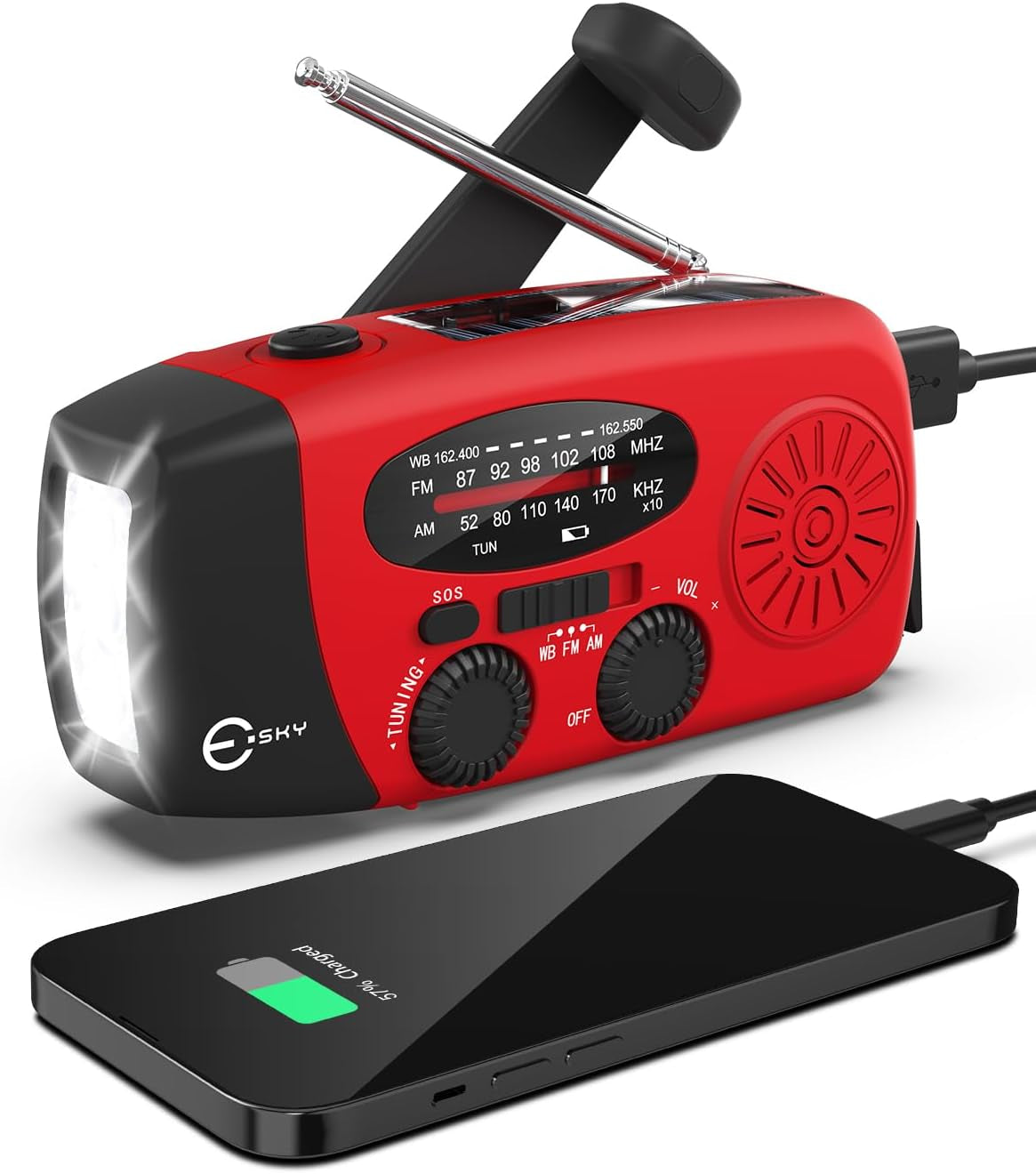 Emergency Hand Crank Radio 7400Mwh with 3 LED Flashlight, AM/FM/NOAA Portable Weather Radio with Built-In 2000Mah Battery, Solar Powered Radio for Indoor Outdoor Survival Camping, SOS Alarm