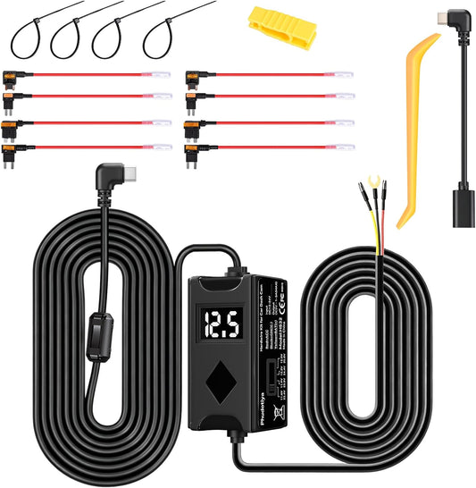 USB-C Dash Cam Hardwire Kit with Acc Detection, LED Display, 4-Level Adjustable Low Volt Protection(11.6V/23.4V Auto-Cutoff), 12V-24V to 5V/3A Adapter, 3-Lead Cable for Recorder 24/7 Parking Mode