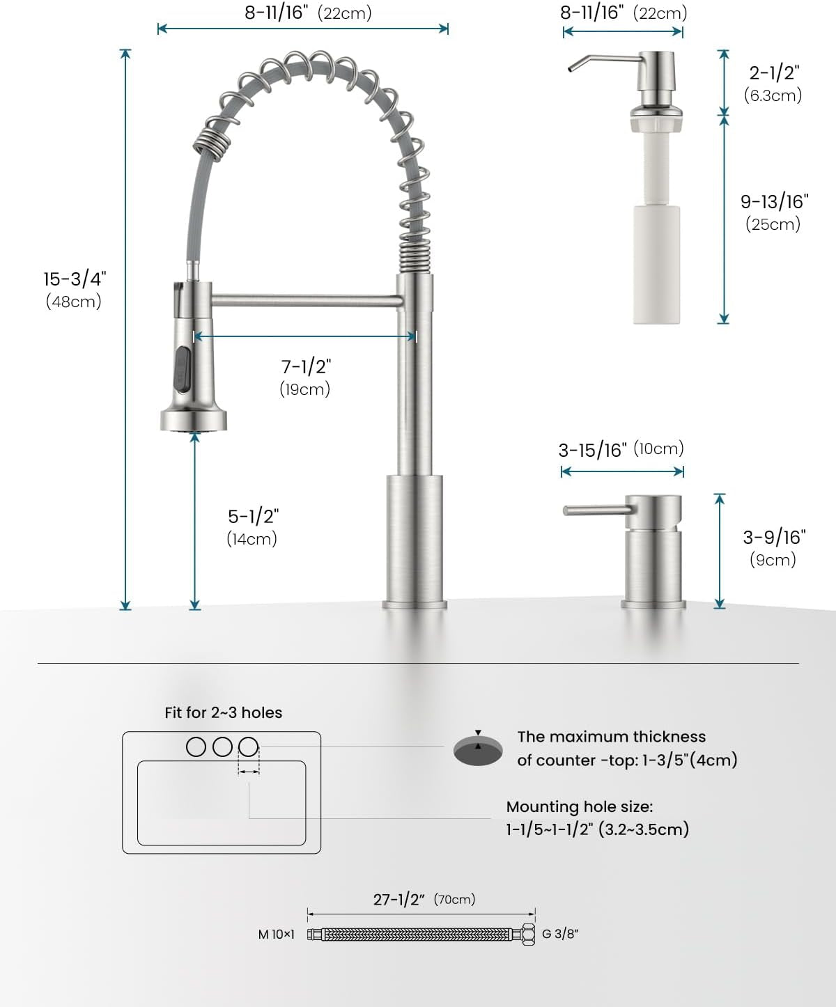 3 Hole Kitchen Faucet with Soap Dispenser, 3 Piece Kitchen Sink Faucets with Pull down Sprayer, Stainless Steel Faucet with Sprayer, Separate Handle, Brushed Nickel