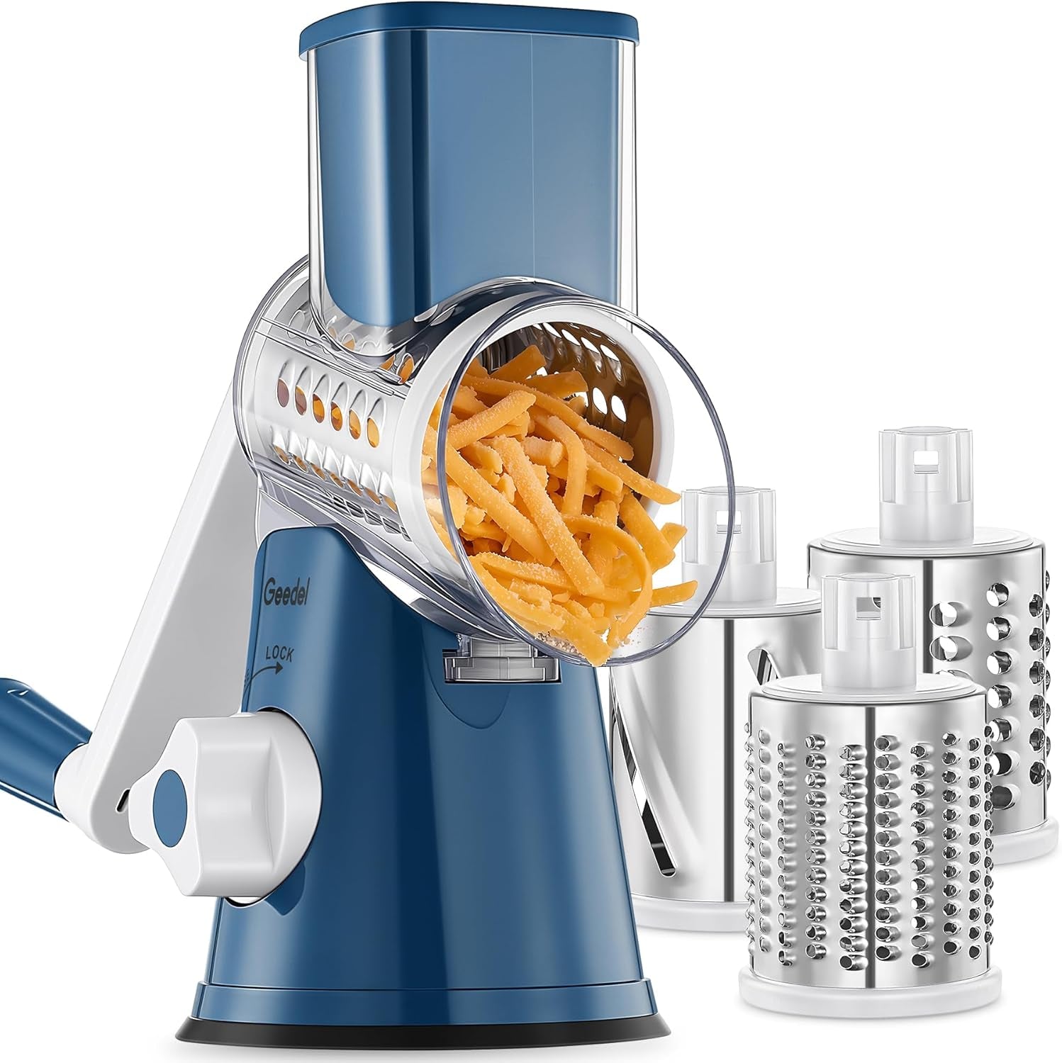 Rotary Cheese Grater Hand Crank, Cheese Shredder Vegetable Slicer | 3 Blades, 430 Stainless Steel, 12X Fast Cutting, Strong Suction Base, No BPA, Dishwasher Safe, for Cheese, Veggie, Nut