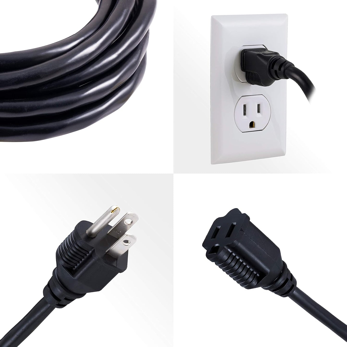 Outdoor Extension Cord, 15 Ft, Heavy Duty, ETL Certified 3 Prong,16 AWG 125 VAC Outdoor, Multipurpose Long Extension Cord, 1 Pack, Black, 36824