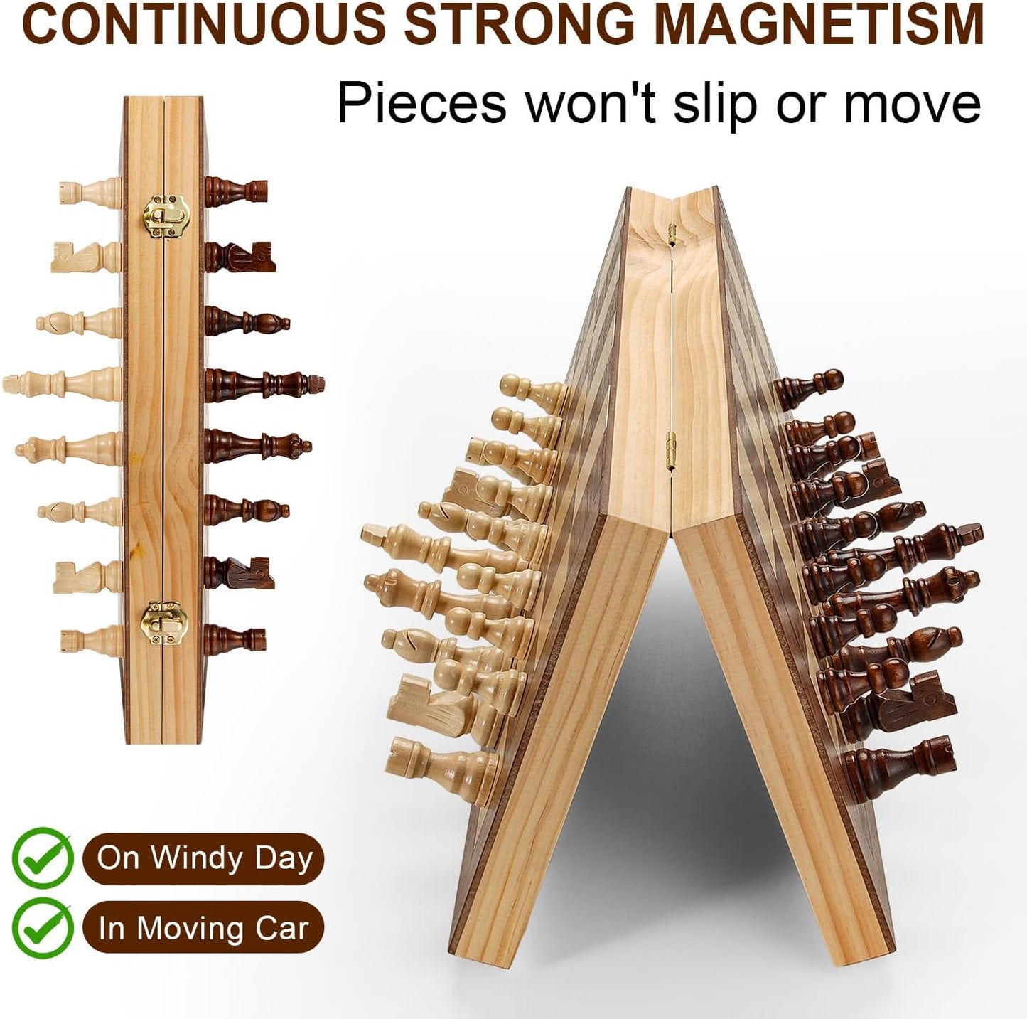 Magnetic Chess Set for Adults & Kids, 15" Wooden Folding Chess Boards, Handcrafted Portable Travel Chess Game with Pieces Storage Slots, 2 Extra Queens