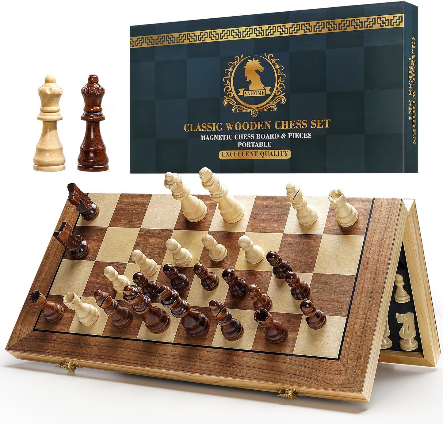 Magnetic Chess Set for Adults & Kids, 15" Wooden Folding Chess Boards, Handcrafted Portable Travel Chess Game with Pieces Storage Slots, 2 Extra Queens
