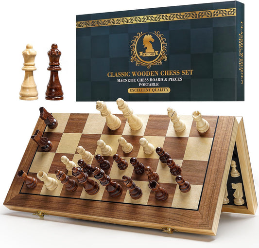 Magnetic Chess Set for Adults & Kids, 15" Wooden Folding Chess Boards, Handcrafted Portable Travel Chess Game with Pieces Storage Slots, 2 Extra Queens